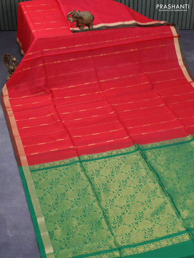 Kora silk cotton saree red and green with allover zari weaves and zari woven border