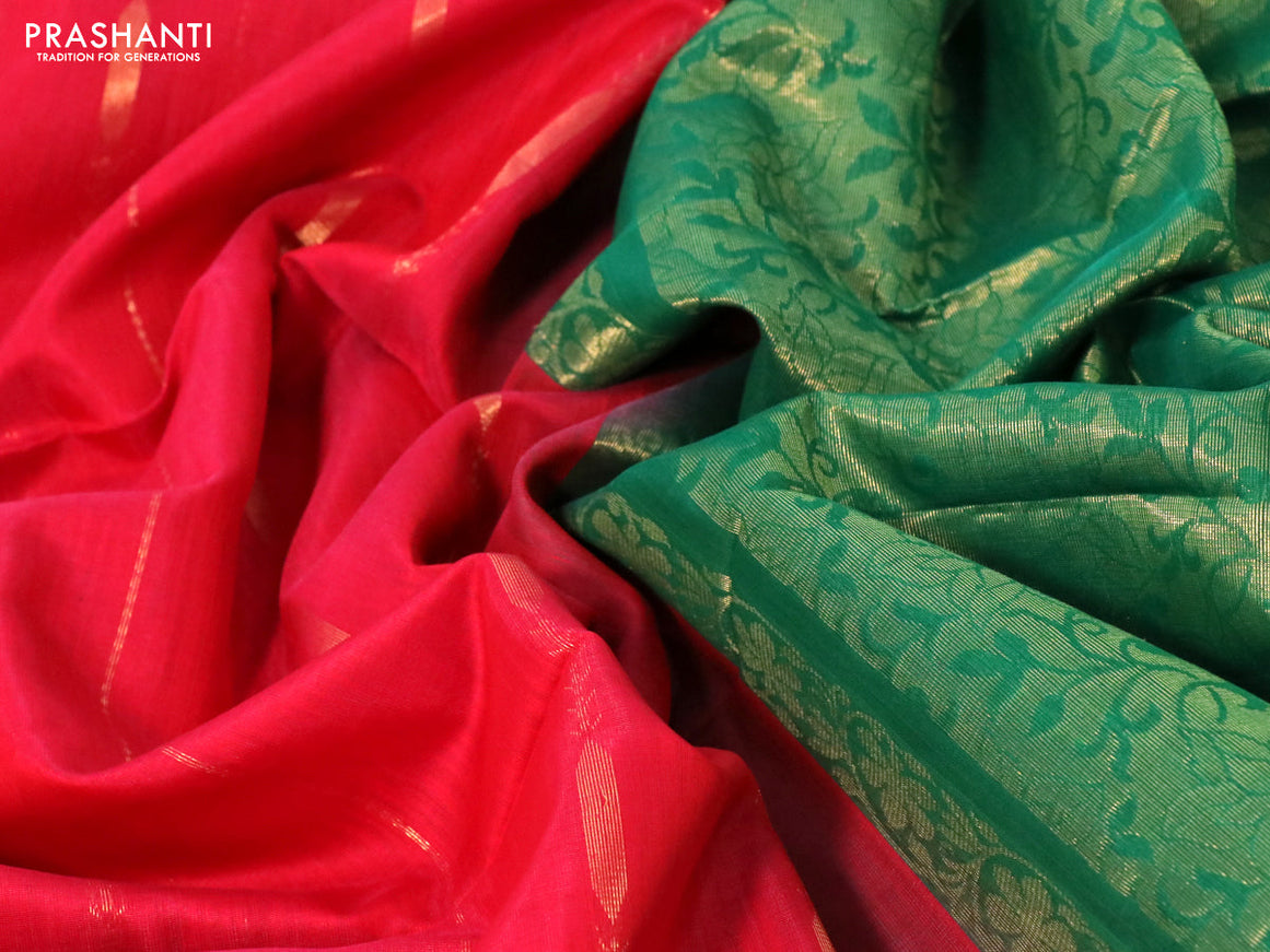 Kora silk cotton saree red and green with allover zari weaves and zari woven border