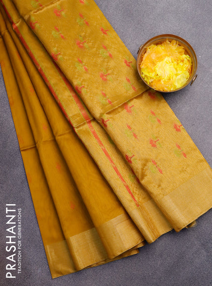 Kora silk cotton saree mustard yellow with thread woven buttas and zari woven border