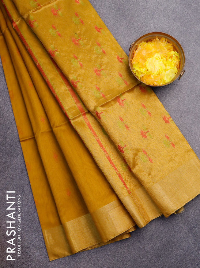 Kora silk cotton saree mustard yellow with thread woven buttas and zari woven border