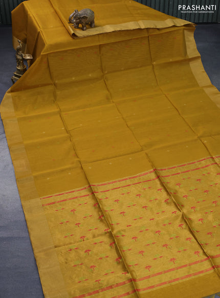 Kora silk cotton saree mustard yellow with thread woven buttas and zari woven border