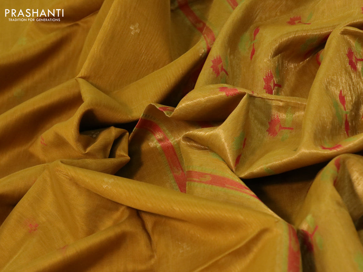 Kora silk cotton saree mustard yellow with thread woven buttas and zari woven border