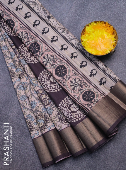 Semi matka saree peach shade and deep wine shade with allover prints and zari woven border