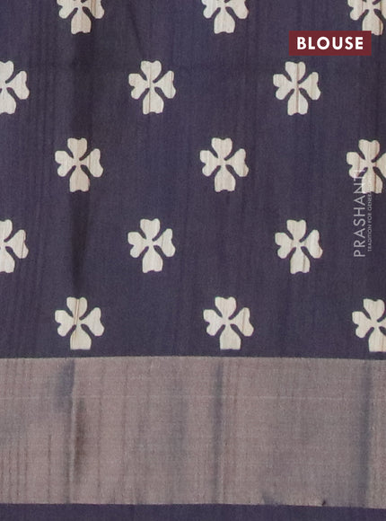 Semi matka saree cream and dark navy blue with allover prints and zari woven border