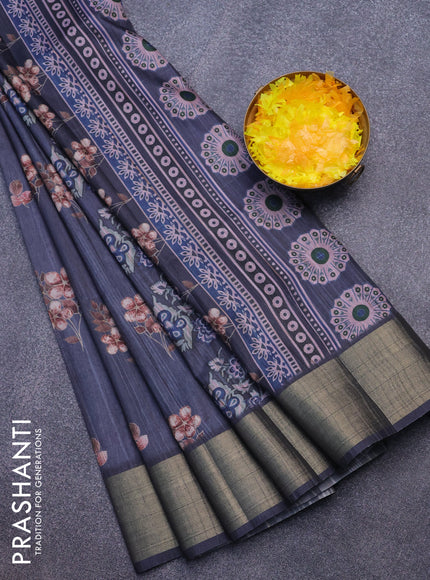 Semi matka saree grey with floral butta prints and zari woven border