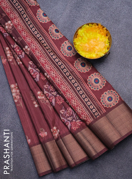 Semi matka saree maroon with floral butta prints and zari woven border