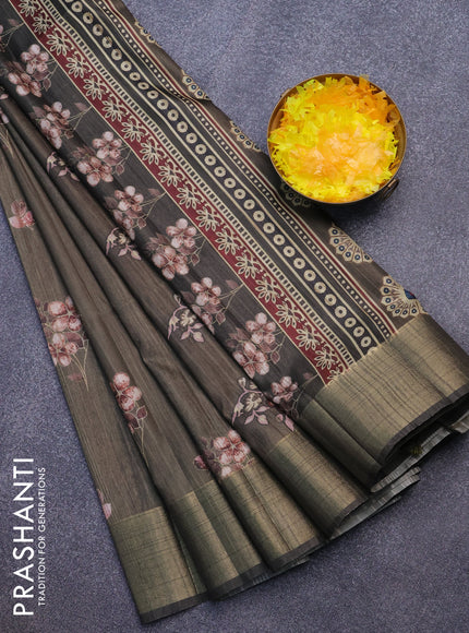 Semi matka saree dark olive green with floral butta prints and zari woven border