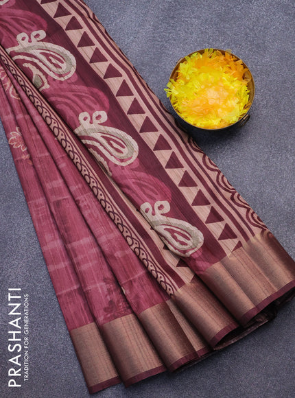 Semi matka saree maroon with butta prints and zari woven border