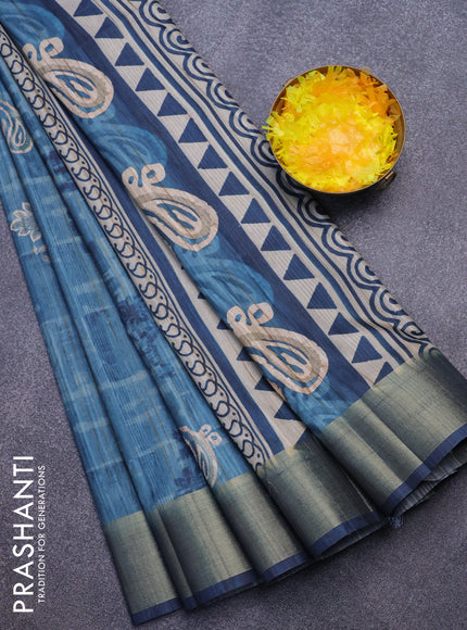 Semi matka saree peacock blue with butta prints and zari woven border