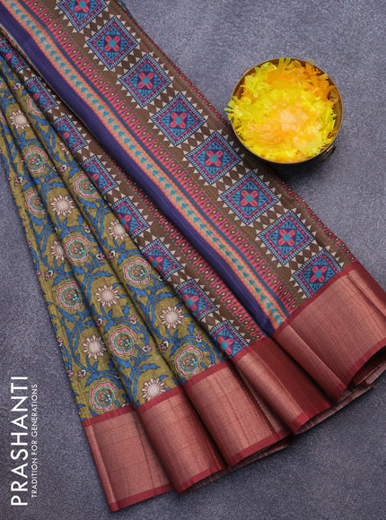 Semi matka saree mehendi green and maroon with allover prints and zari woven border