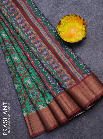 Semi matka saree green and rust shade with allover prints and zari woven border