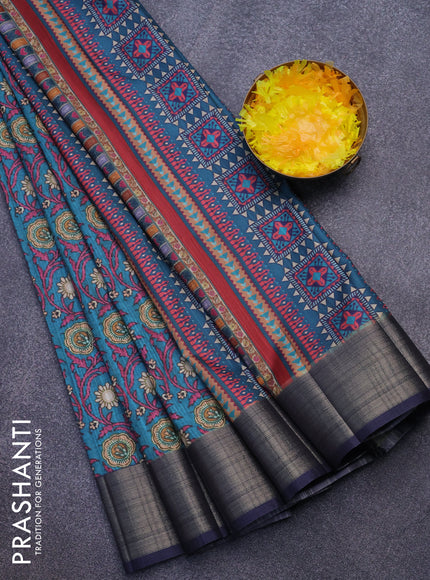 Semi matka saree peacock blue and dark blue with allover prints and zari woven border