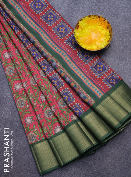 Semi matka saree maroon and green with allover prints and zari woven border