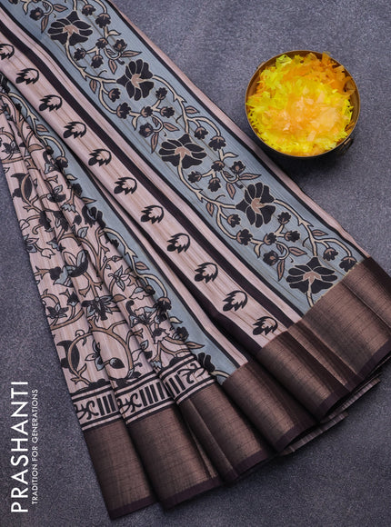 Semi matka saree peach shade and deep jamun shade with allover prints and zari woven border