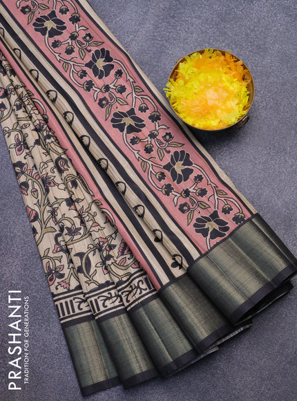 Semi matka saree cream and black with allover prints and zari woven border