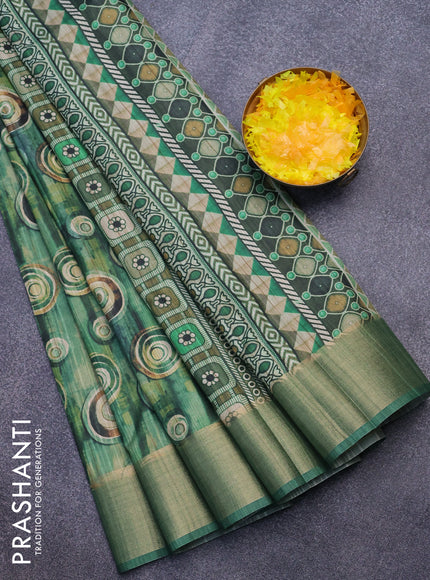 Semi matka saree green with allover geometric prints and zari woven border