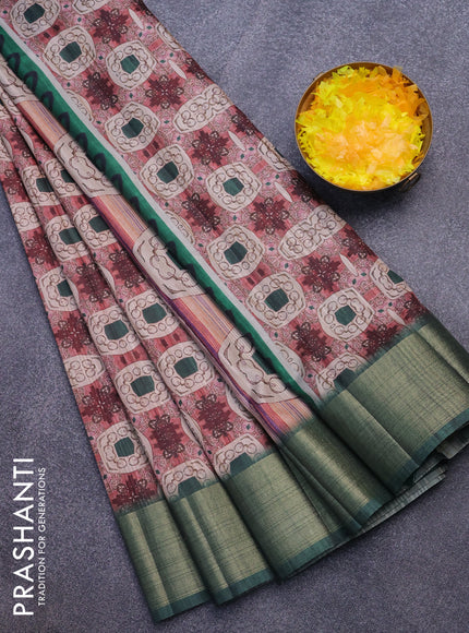 Semi matka saree maroon and green with allover prints and zari woven border