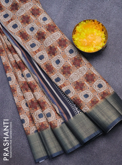 Semi matka saree orange and dark peacock blue with allover prints and zari woven border