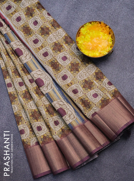 Semi matka saree yellow and deep maroon with allover prints and zari woven border