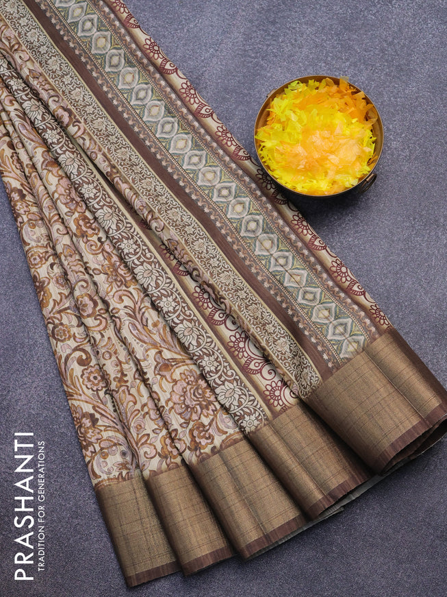 Semi matka saree cream and brown with allover prints and zari woven border