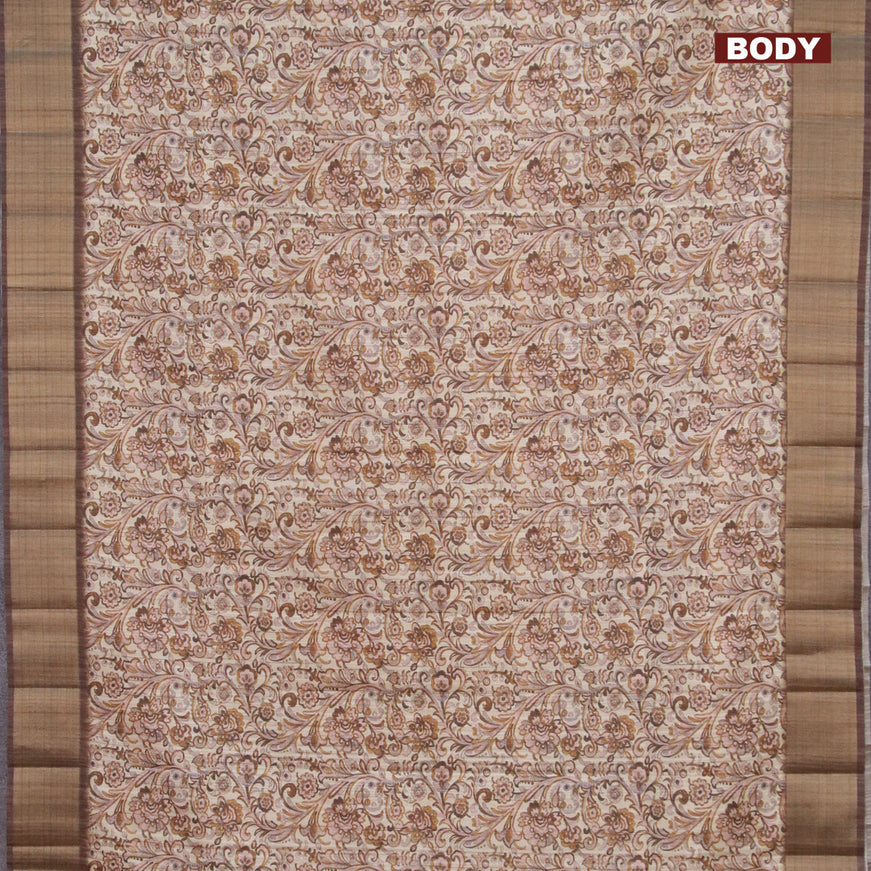 Semi matka saree cream and brown with allover prints and zari woven border