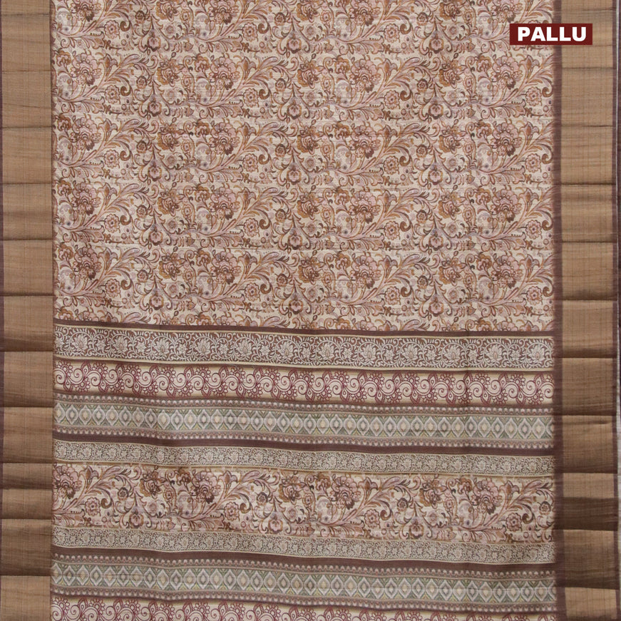 Semi matka saree cream and brown with allover prints and zari woven border