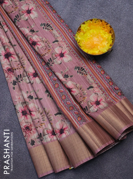 Semi matka saree pastel pink with allover floral prints and zari woven border