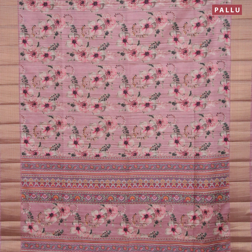 Semi matka saree pastel pink with allover floral prints and zari woven border