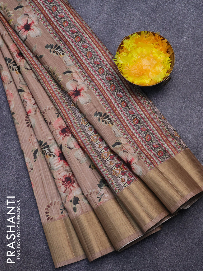 Semi matka saree sandal with allover floral prints and zari woven border