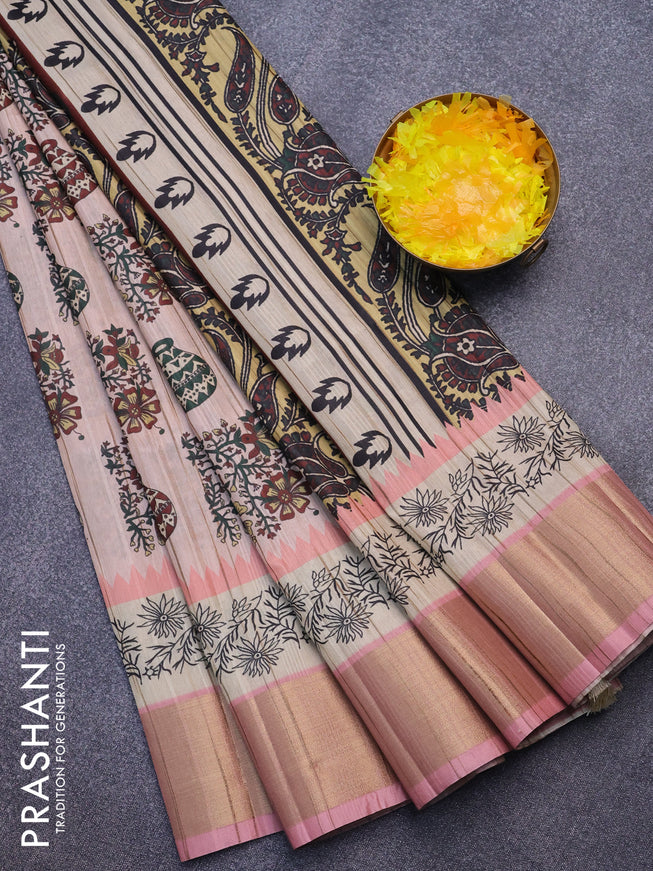 Semi matka saree pastel peach and light pink with allover prints and zari woven border