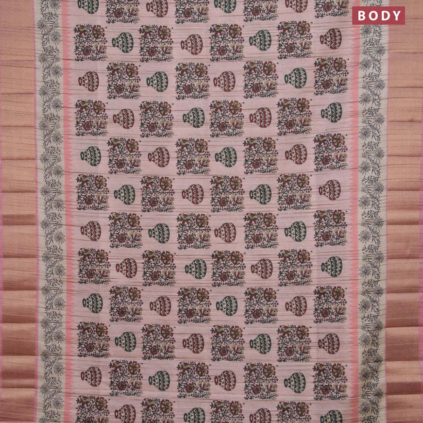 Semi matka saree pastel peach and light pink with allover prints and zari woven border