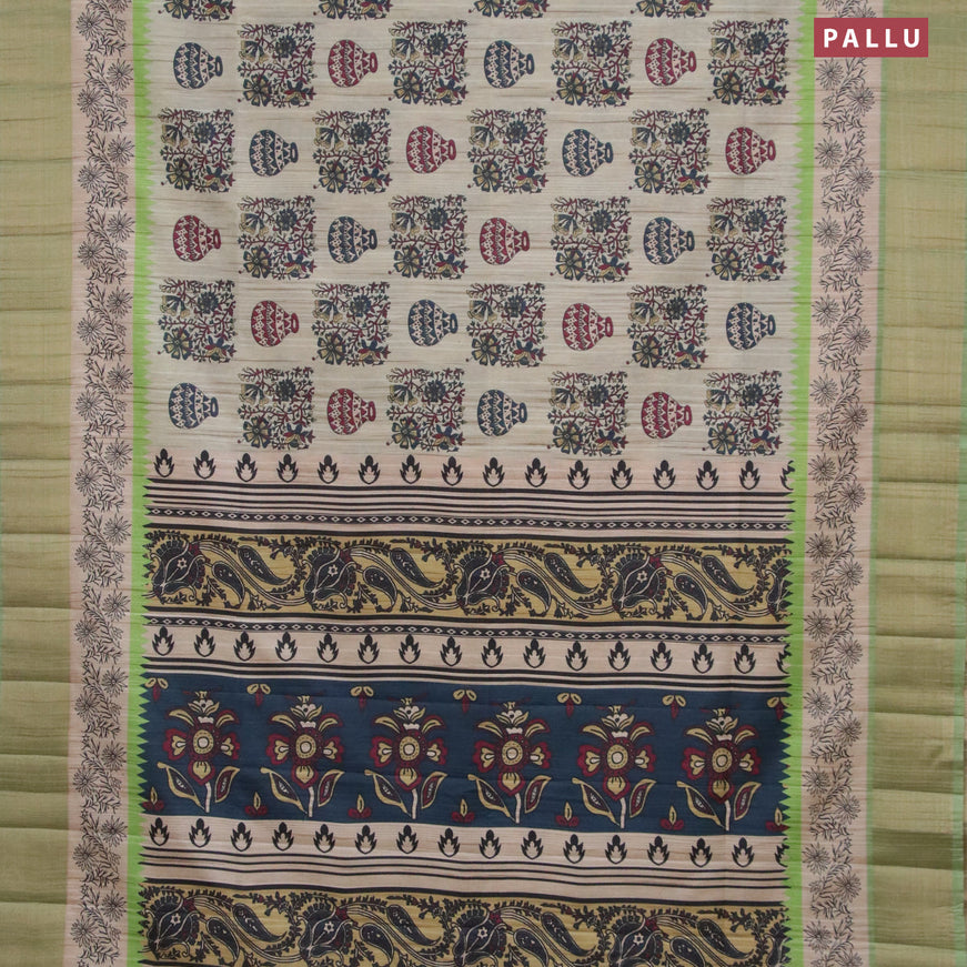 Semi matka saree beige and green with allover prints and zari woven border