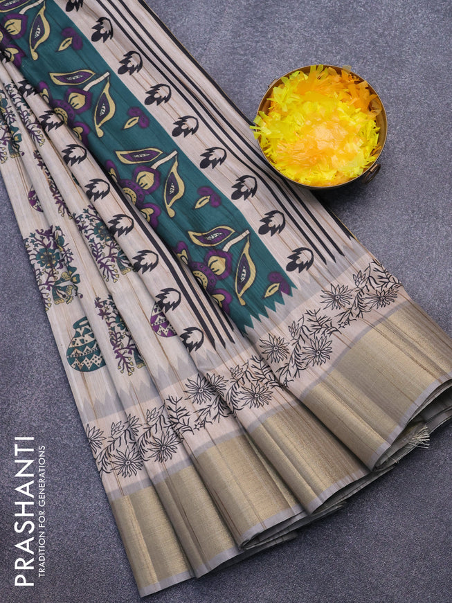 Semi matka saree beige and grey shade with allover prints and zari woven border