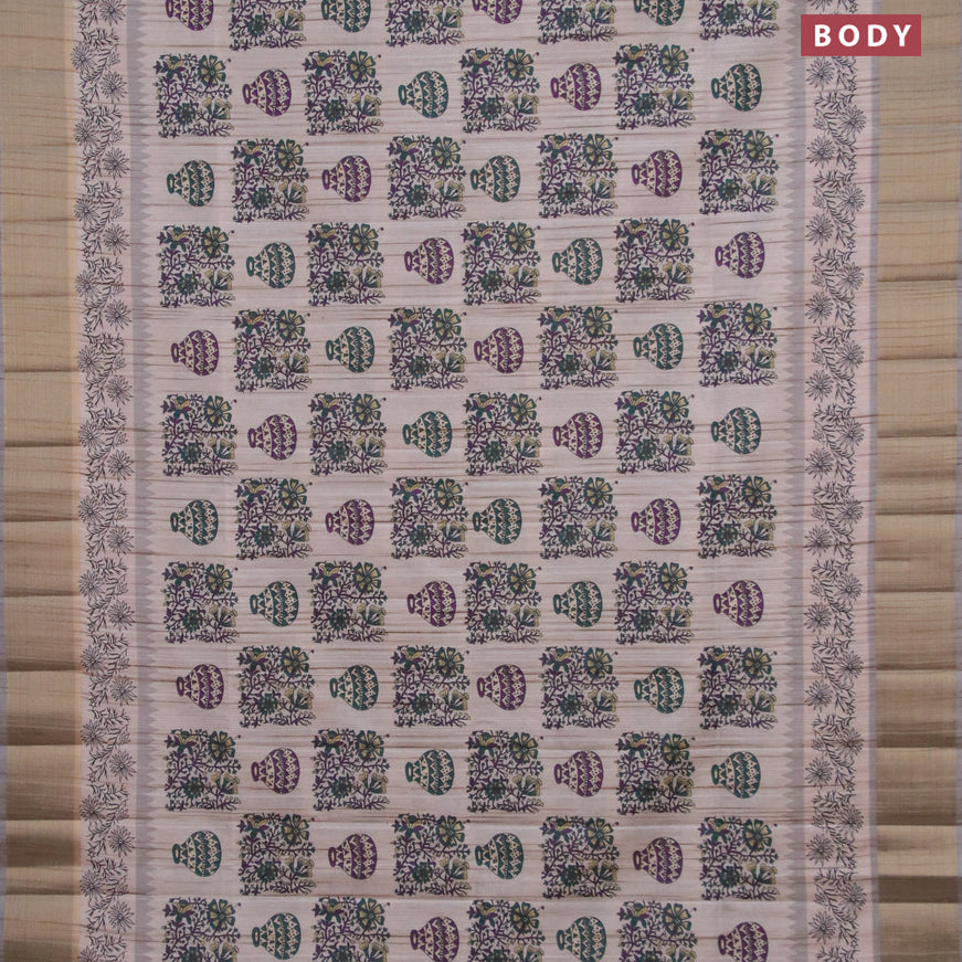 Semi matka saree beige and grey shade with allover prints and zari woven border