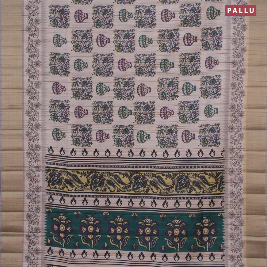 Semi matka saree beige and grey shade with allover prints and zari woven border