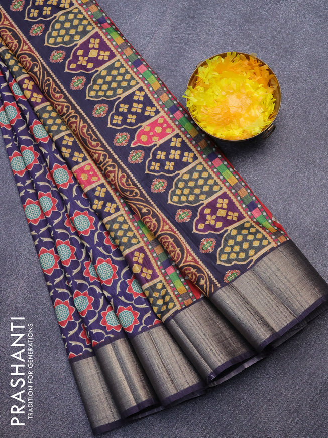 Semi matka saree deep violet with allover prints and zari woven border