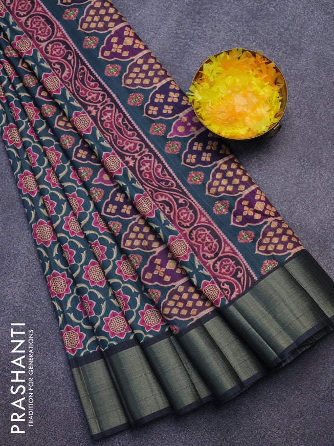 Semi matka saree dark green with allover prints and zari woven border