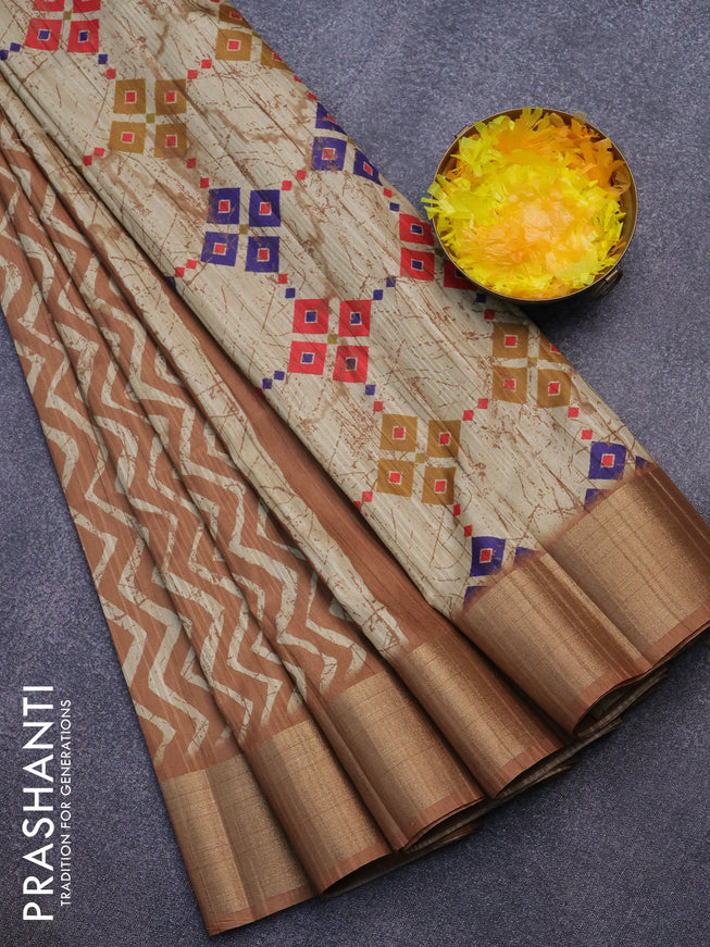 Semi matka saree dark sandal and beige with allover zig zag prints and zari woven border