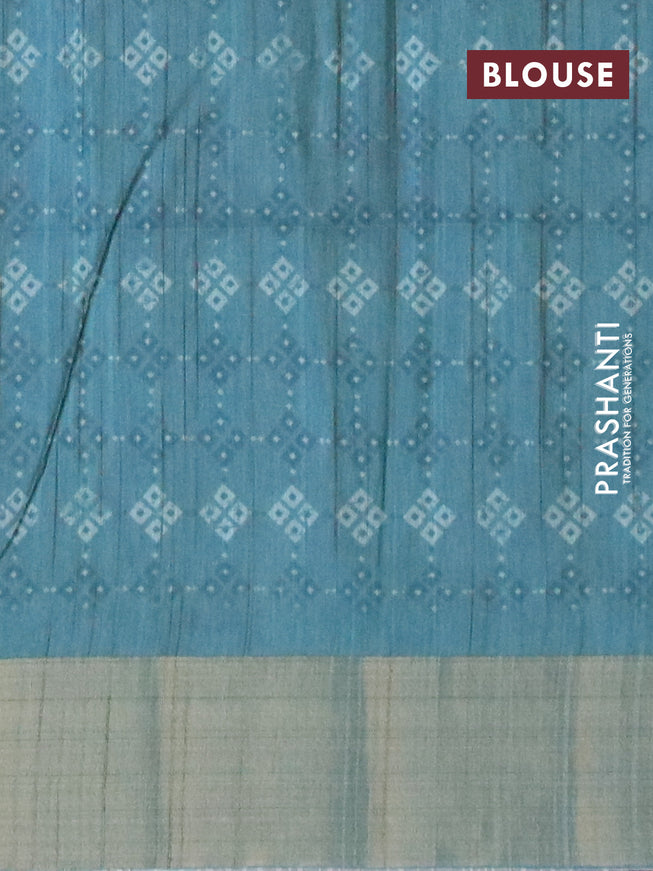 Semi matka saree teal green and grey shade with allover zig zag prints and zari woven border