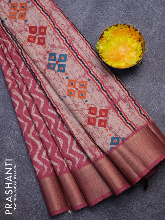 Semi matka saree pink shade and beige with allover zig zag prints and zari woven border