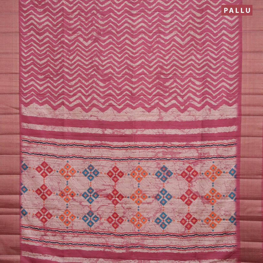 Semi matka saree pink shade and beige with allover zig zag prints and zari woven border