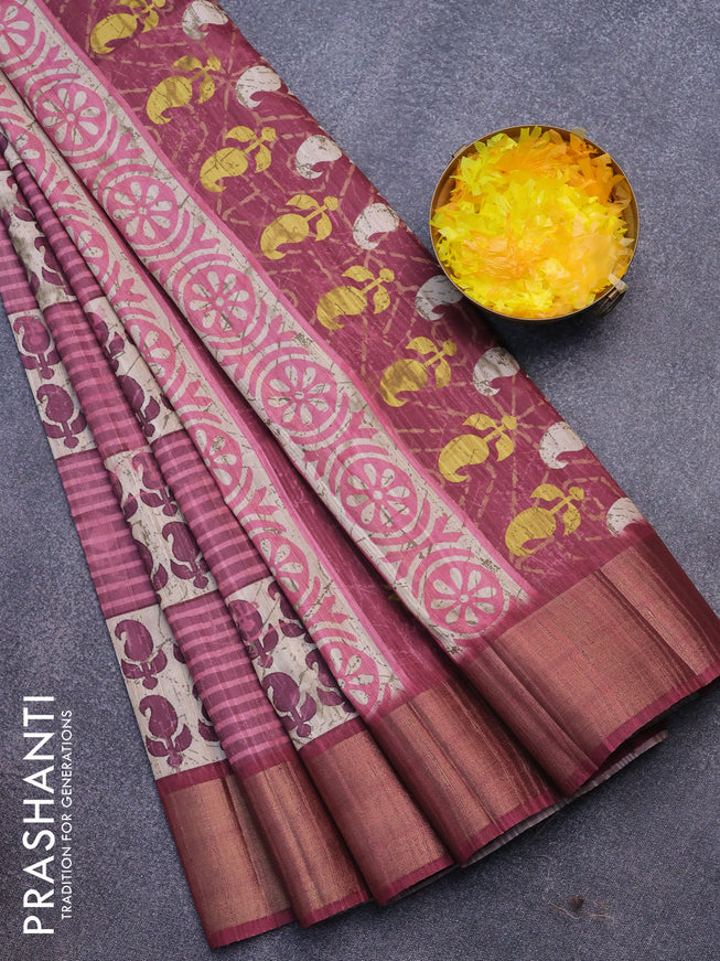 Semi matka saree beige and pink with allover prints and zari woven border