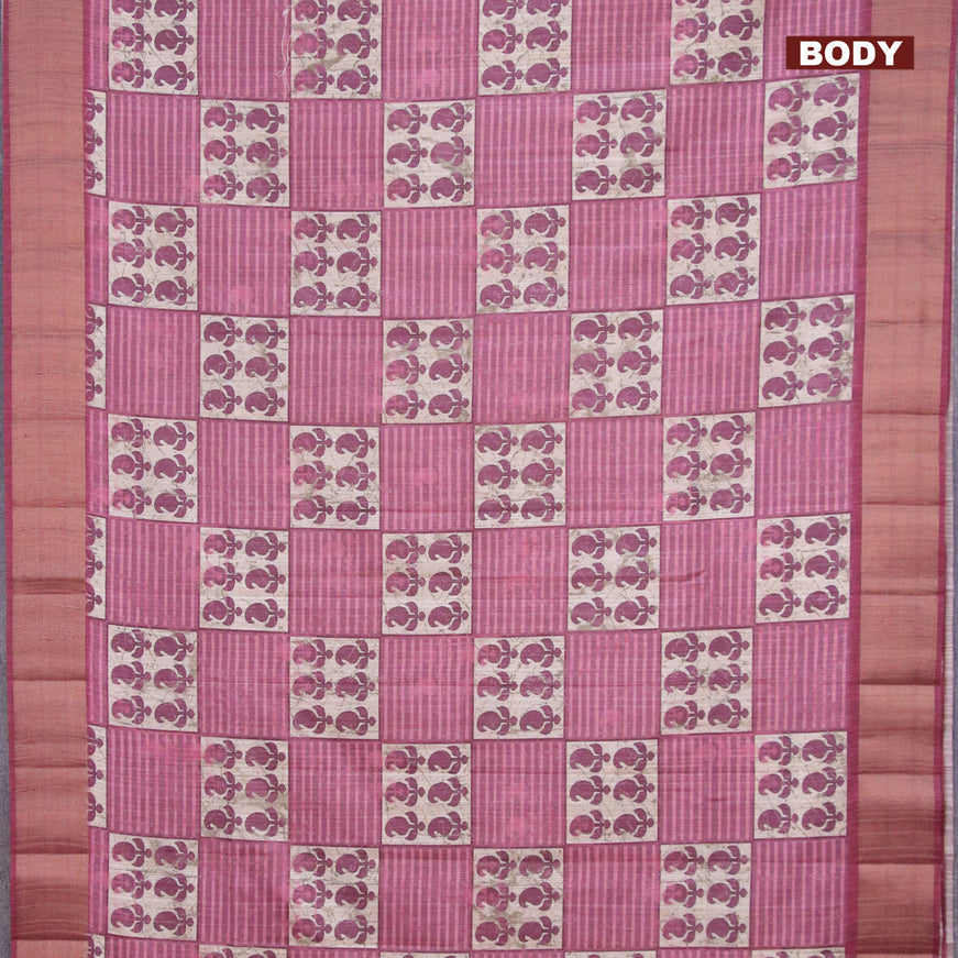 Semi matka saree beige and pink with allover prints and zari woven border