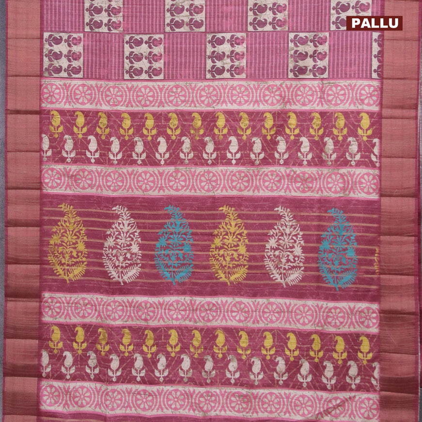 Semi matka saree beige and pink with allover prints and zari woven border