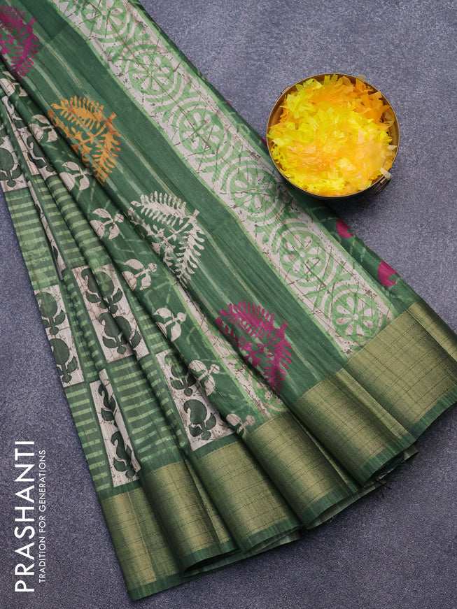 Semi matka saree beige and green with allover prints and zari woven border