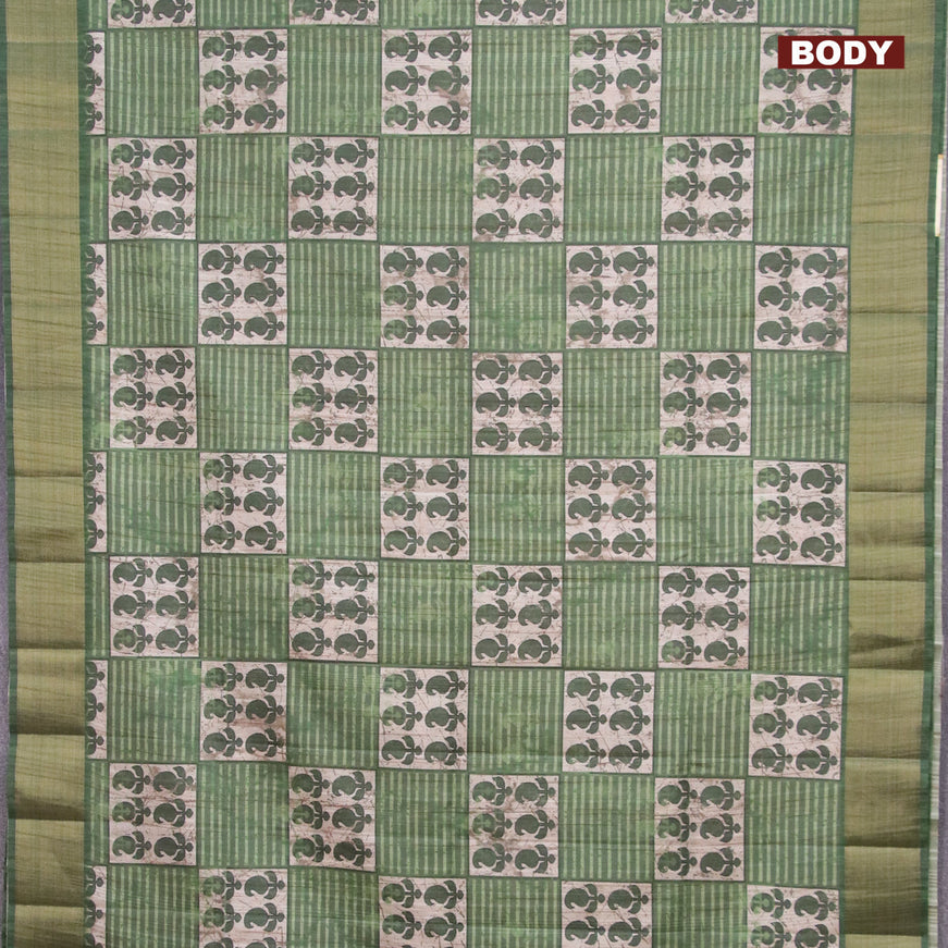 Semi matka saree beige and green with allover prints and zari woven border