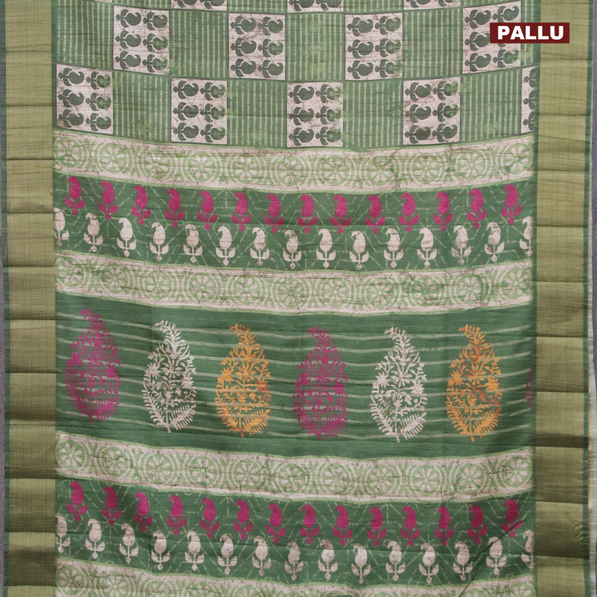 Semi matka saree beige and green with allover prints and zari woven border