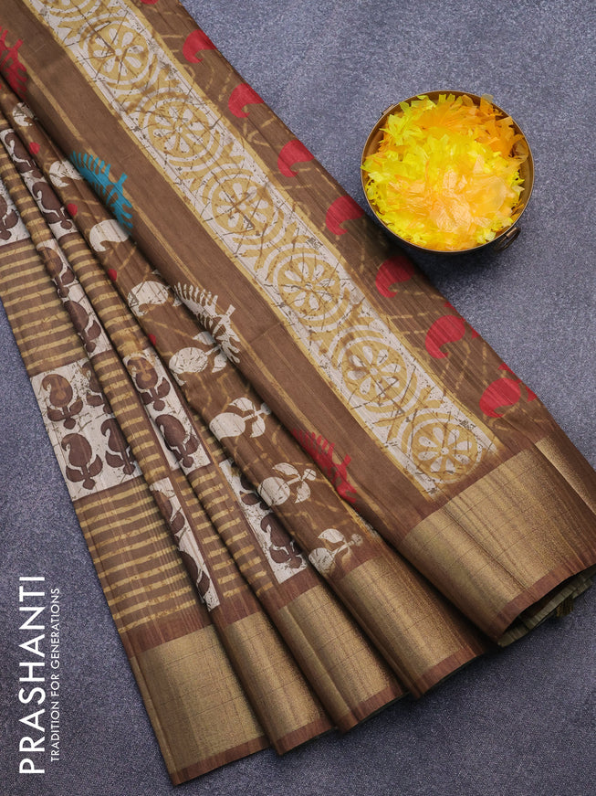 Semi matka saree beige and dark mehendi green with allover prints and zari woven border