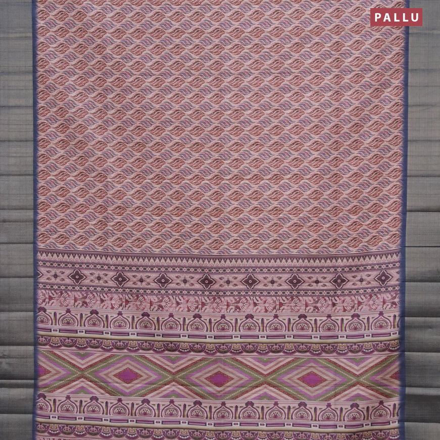 Semi matka saree beige and navy blue with allover prints and zari woven border