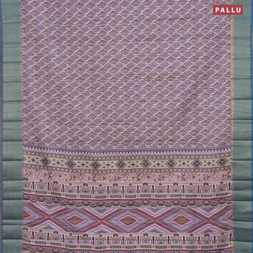 Semi matka saree beige and peacock blue with allover prints and zari woven border